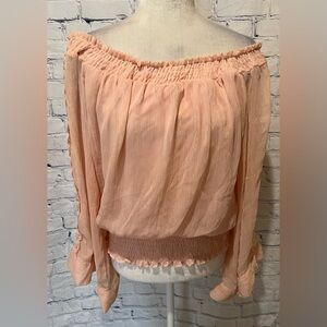 XOXO boho shirt Pink and gold long sleeve Off shoulder Sheer sleeves Size Large